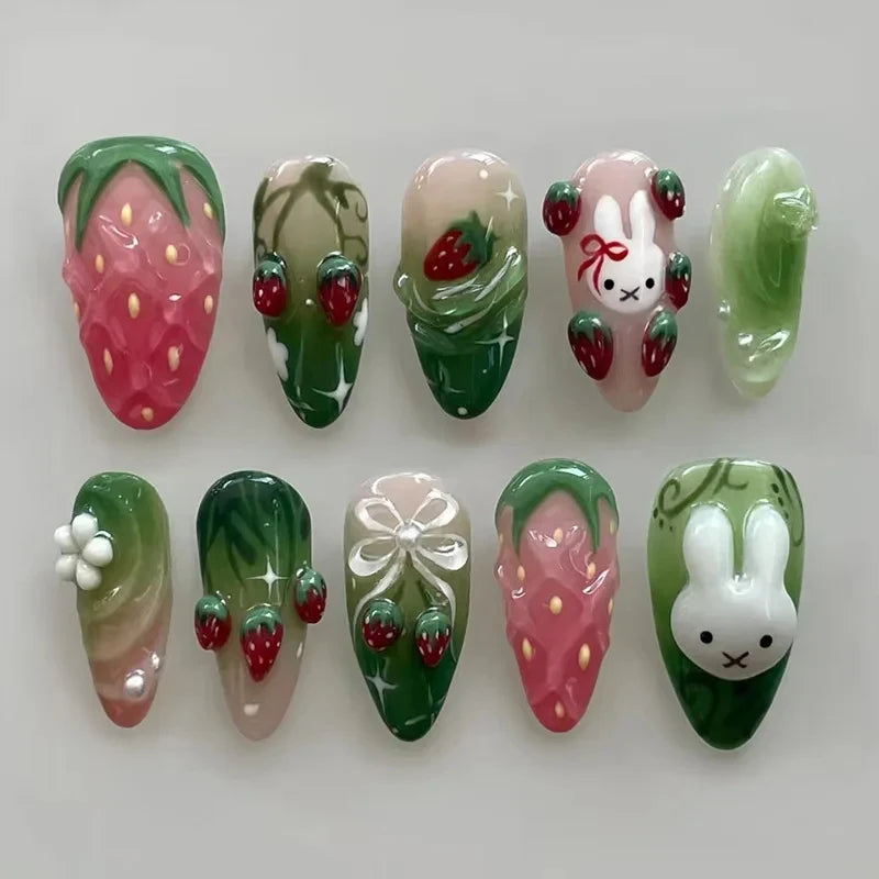 24Pcs 3D Strawberry Rabbit Flower Fake Nails Press on Mid-length Almond Wearable False Nails Green Gradient Pearl Manicure Tips