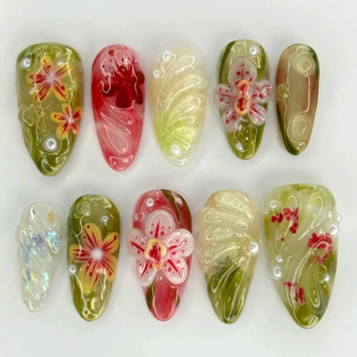 24Pcs 3D Strawberry Rabbit Flower Fake Nails Press on Mid-length Almond Wearable False Nails Green Gradient Pearl Manicure Tips